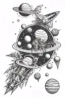 solar system with planets, rocket ship, alien, and astronaut tattoo design idea