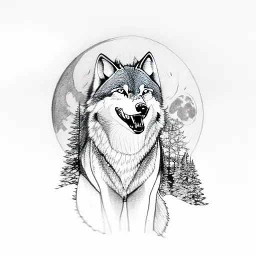 A detailed sketch of a wolf howling at the moon, surrounded by trees and mountains, with a subtle quote about perseverance tattoo design idea
