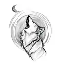 A detailed sketch of a wolf howling at the moon, surrounded by trees and mountains, with a subtle quote about perseverance tattoo design idea
