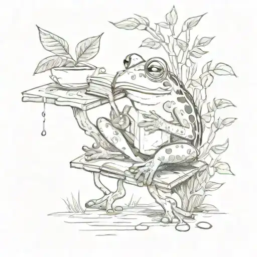 A whimsical scene of a frog reading a book under a tea tree, with tea leaves falling around them like snowflakes tattoo design idea
