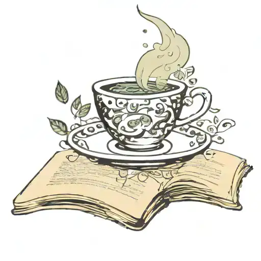 A tea cup with steam rising from it, surrounded by swirling tea leaves and a book open with pages fluttering in the wind tattoo design idea