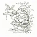 A whimsical scene of a frog reading a book under a tea tree, with tea leaves falling around them like snowflakes tattoo design idea