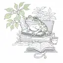 A whimsical scene of a frog reading a book under a tea tree, with tea leaves falling around them like snowflakes tattoo design idea