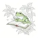 A whimsical scene of a frog reading a book under a tea tree, with tea leaves falling around them like snowflakes tattoo design idea