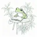 A whimsical scene of a frog reading a book under a tea tree, with tea leaves falling around them like snowflakes tattoo design idea