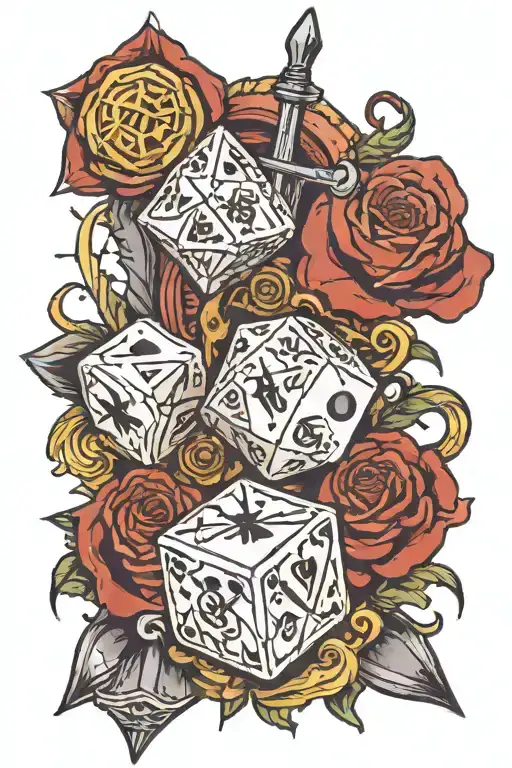 A D&D adventure with a broken dice and sword  tattoo design idea
