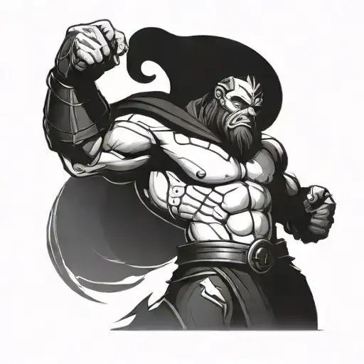 Create a tattoo design featuring the iconic Dota 2 hero, Juggernaut, in a dynamic pose tattoo design idea