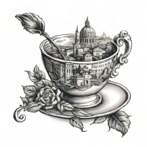 A tattoo design of a coffee cup with the skyline of Rome in the background to symbolize your passion for coffee and Italy tattoo design idea
