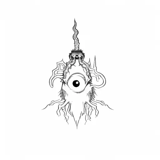 ghotic style , horror , scary ,  one eye middle , devil head on top , snake around it , spider hanging from down tattoo design idea