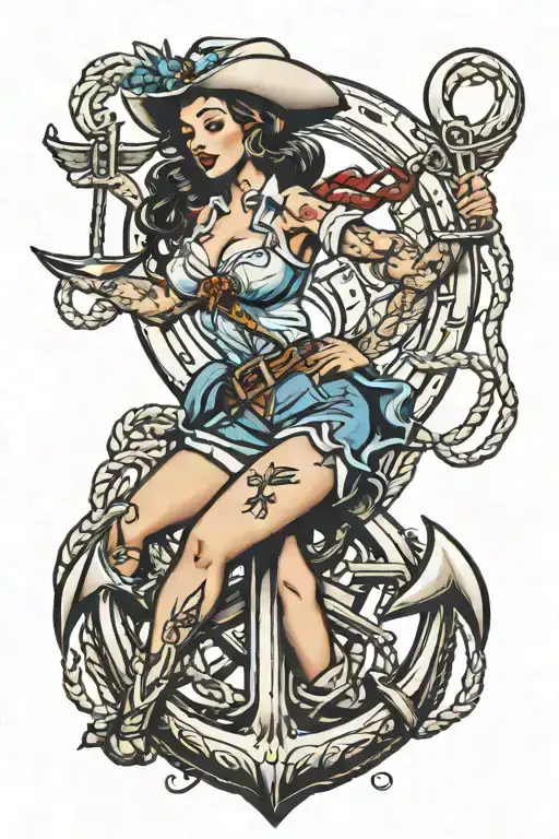 a pinup cowgirl riding a ship's anchor intertwined tattoo design idea