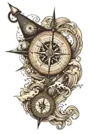 Compass with small ship sailing through stormy weather  tattoo design idea