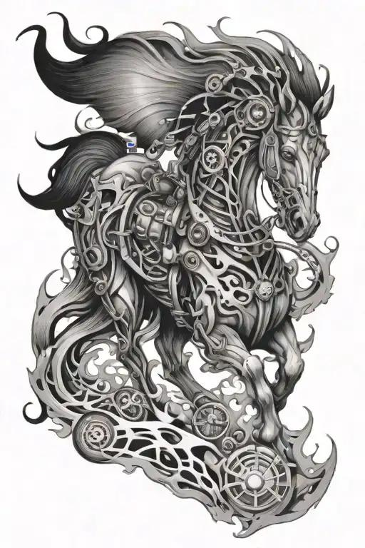biomechanical steampunk horse with flames tattoo design idea