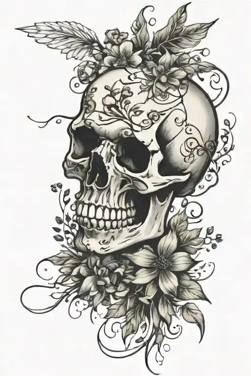 skull lying in a meadow with flowers growing out of the bones tattoo design idea
