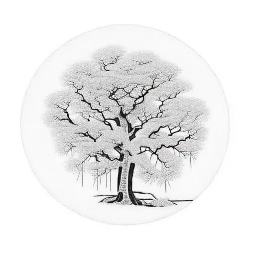 a tree inside a open circle where the left half is covered in leaves and from other bare half flies off birds tattoo design idea