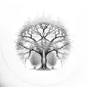 a tree inside a open circle where the left half is covered in leaves and from other bare half flies off birds tattoo design idea