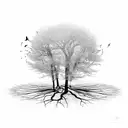 a tree inside a open circle where the left half is covered in leaves and from other bare half flies off birds tattoo design idea