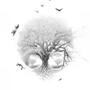 a tree inside a open circle where the left half is covered in leaves and from other bare half flies off birds tattoo design idea