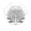 a tree inside a open circle where the left half is covered in leaves and from other bare half flies off birds tattoo design idea