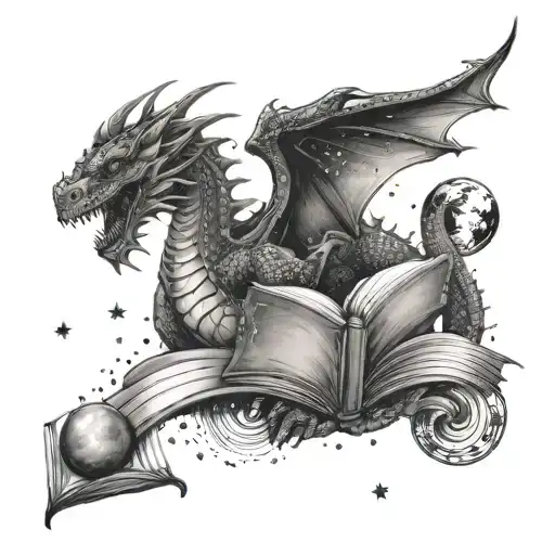 A tattoo of a dragon reading a book surrounded by planets and stars tattoo design idea