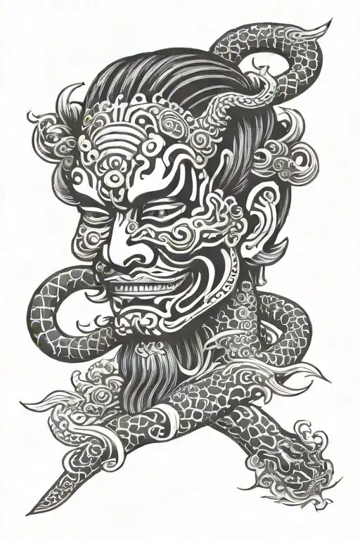 irezumi, around the forearm, yakuza, colorful, mask tattoo design idea