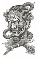 irezumi, around the forearm, yakuza, colorful, mask tattoo design idea