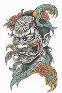 irezumi, around the forearm, yakuza, colorful, mask tattoo design idea