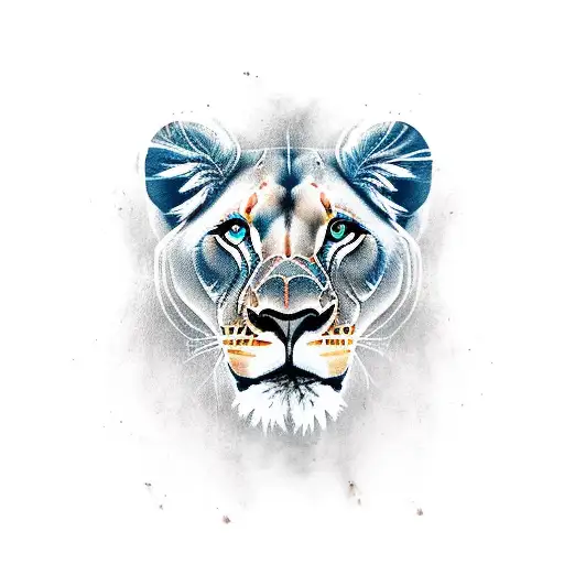 lioness staring with a wound on her face, on fabrics, threads and needles tattoo design idea