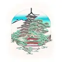 A traditional Japanese landscape with hidden Studio Ghibli references tattoo design idea