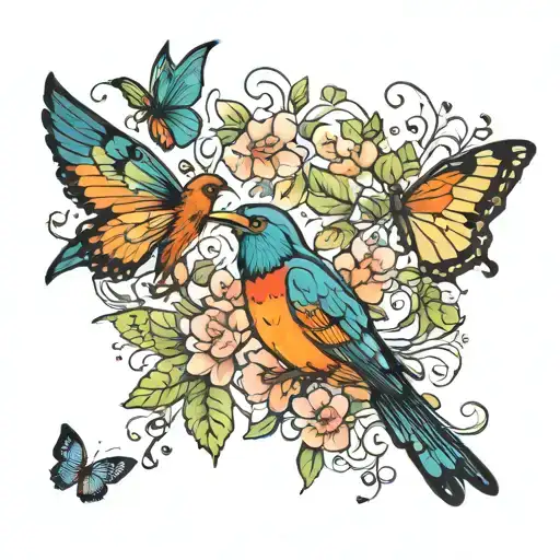 birds and butterflys flying tattoo design idea
