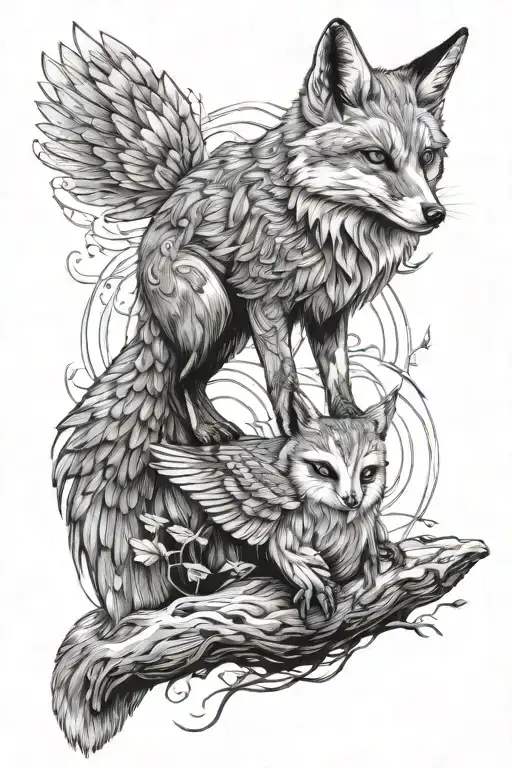 Full body fox with a barn owl flying overhead tattoo design idea