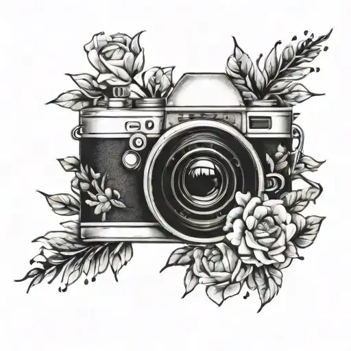 A camera lens surrounded by a wreath of flowers growing tattoo design idea