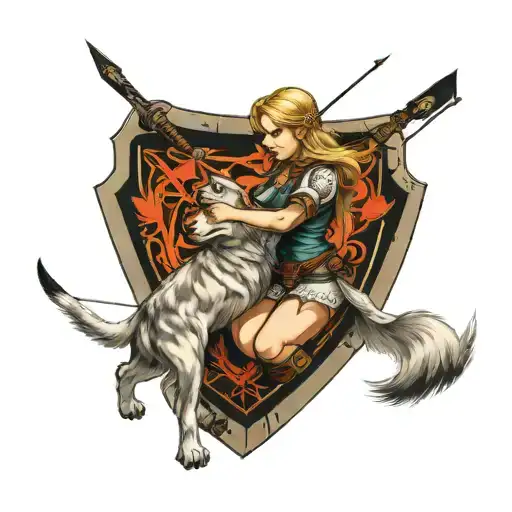 A sexy shield maiden with a wolf companion practicing archery tattoo design idea