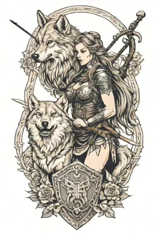 A sexy shield maiden with a wolf companion practicing archery tattoo design idea