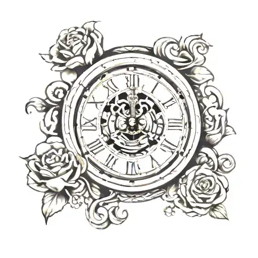Clock with family picture and libra zodiac sign intertwined tattoo design idea