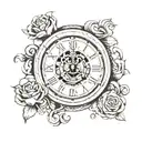 Clock with family picture and libra zodiac sign intertwined tattoo design idea