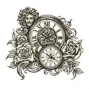 Clock with family picture and libra zodiac sign intertwined tattoo design idea
