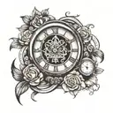 Clock with family picture and libra zodiac sign intertwined tattoo design idea