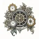 Clock with family picture and libra zodiac sign intertwined tattoo design idea