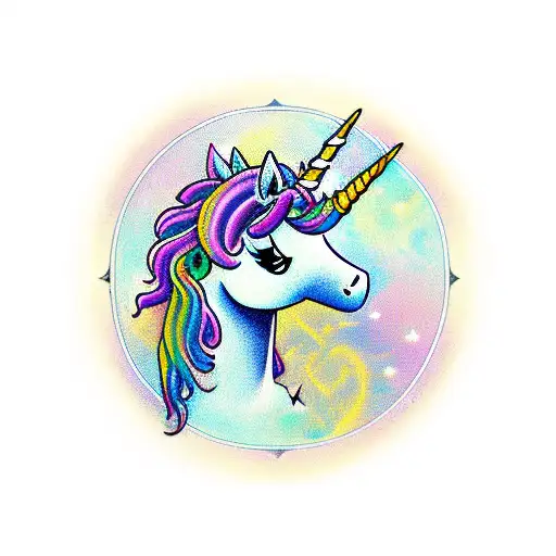 unicorn with locs and butterflies with aya symbol tattoo design idea