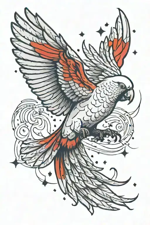 red tail cockatoo flying in space tattoo design idea