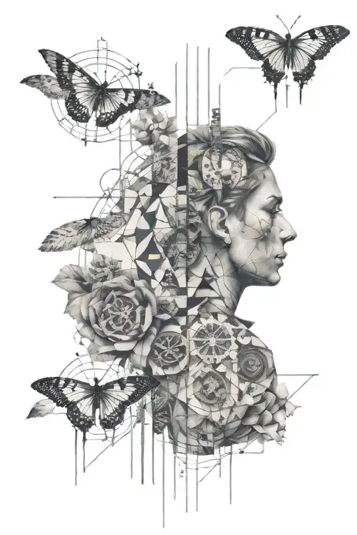 Geometric spinal with multiple dedicated fields showing different pictures of likes and journeys tattoo design idea