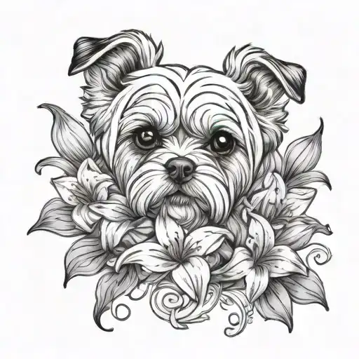 maltese dog with lilies tattoo design idea
