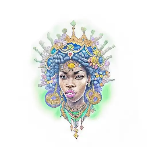 An Afrocentric art inspired tattoo of a woman with a crown of flowers, symbolizing eternal love and beauty tattoo design idea