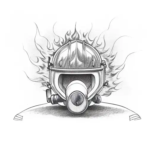 A motorcycle engulfed in flames with a firefighter helmet resting on it tattoo design idea