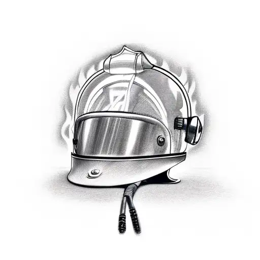 A motorcycle engulfed in flames with a firefighter helmet resting on it tattoo design idea