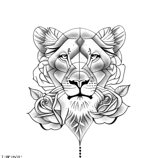 lioness with roses and clock and roman numerals tattoo design idea