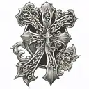 cross with loyalty is key in old English  tattoo design idea