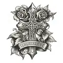 cross with loyalty is key in old English  tattoo design idea