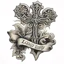 cross with loyalty is key in old English  tattoo design idea