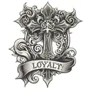 cross with loyalty is key in old English  tattoo design idea